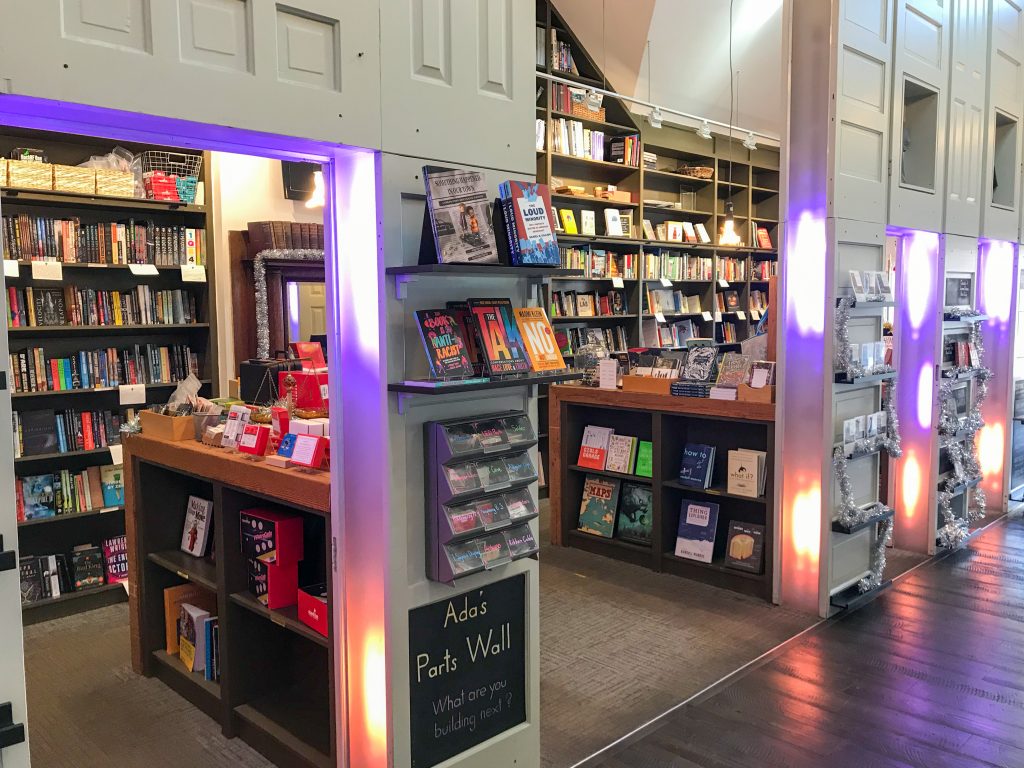 An airy technical bookstore with LED lights.